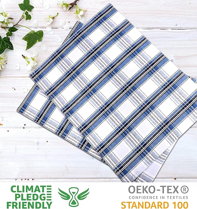 Urban Villa Christmas Placemats Snow Blue Color Checked 100% Cotton Fused Placemats 14''x 20'' Over Sized Set of 6 Use Heavier Quality Christmas Special placemats Quality