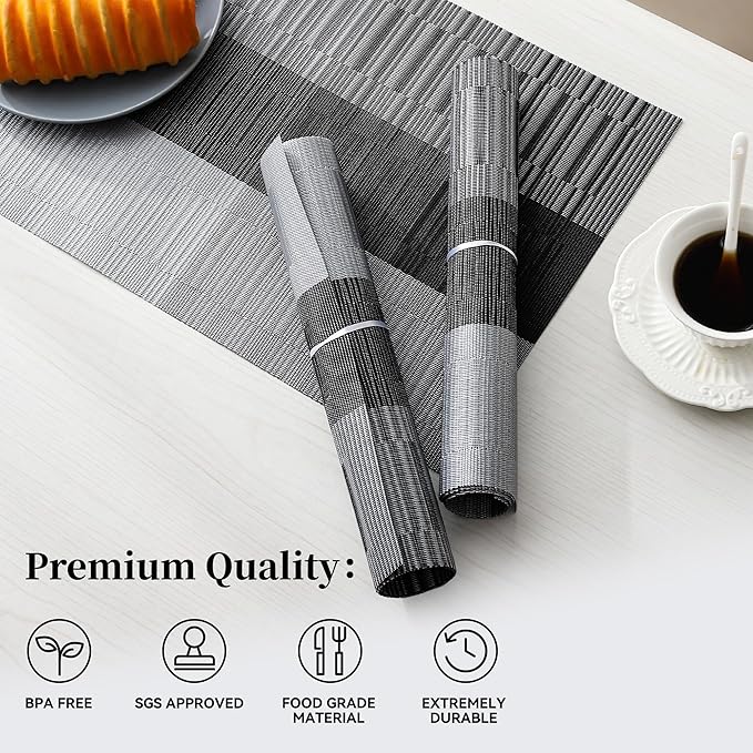Leetaltree Grey with White Striped Placemats Set of 12 - Heat Resistant Non-Slip Place mats for Dining Table, Washable Durable PVC Vinyl Woven Table Mats(Grey Stripe, 12)