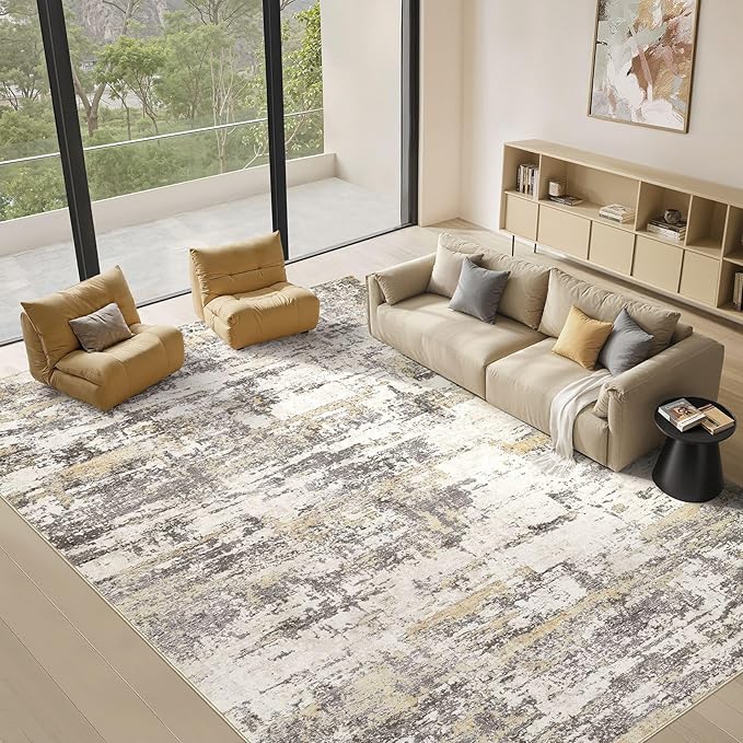 Area Rugs for Living Room: 10x12 Abstract Washable Rug Modern Neutral Large Soft Stain Resistant Non-Slip Backing Machine Table for Bedroom Dining Room Indoor Home Office Carpet - Gold Brown