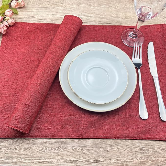 Weabetfu Cloth Placemats Set of 6 Heat Resistant Dining Table Placemmats Cotton Linen Machine Washable Kitchen Table Mats Wrinkle Free Thick Fabric Place Mat,Easy to Clean,13"x19",Burgundy