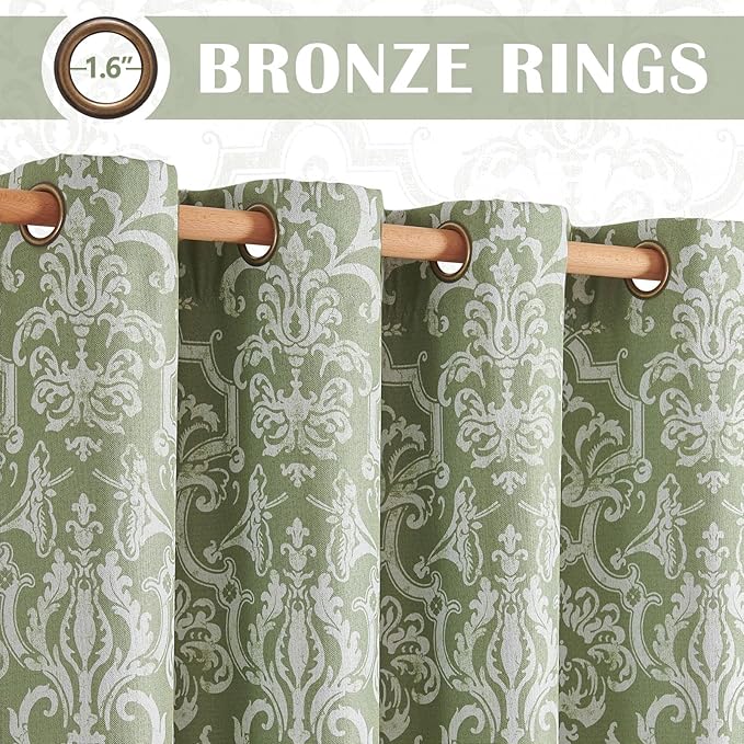 jinchan Room Darkening Curtains for Bedroom Sage Green Damask Patterned Curtains 96 Inch Length for Living Room Linen Textured Vintage 8FT Long Drapes Window Treatments Grommet Top 2 Panels Set