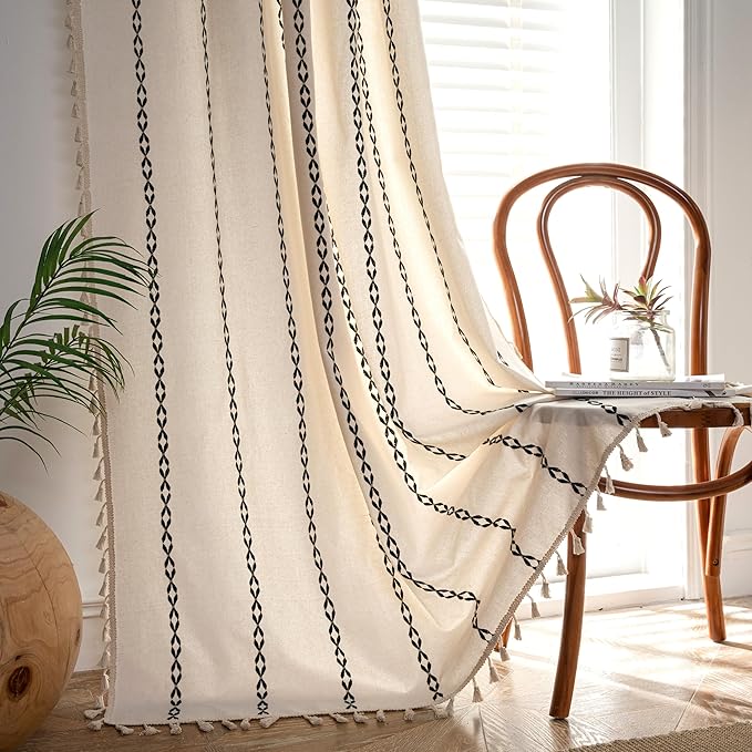 Sutuo Home Boho Farmhouse Curtains 72 Inches Long for Living Room Bedroom Bohemian House Drapes Country Style, Textured Stripe Embroidery Privacy, White and Black 1 Panel W52 x L72
