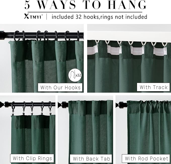 XTMYI Emerald Dark Green Back Tab/Hook Belt Linen Cotton Sheer Curtains for Bathroom 45 Inch Length