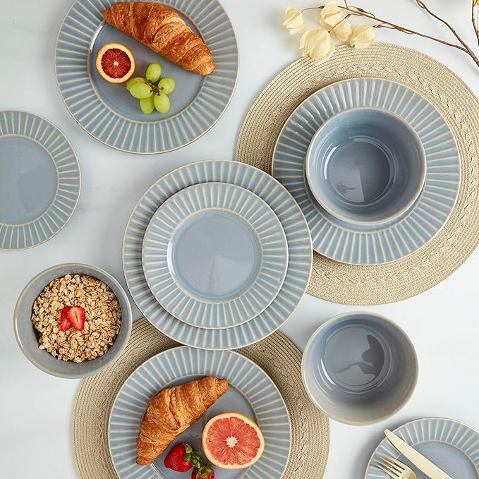 Tabletops Gallery Richmond 12-Piece Reactive Glaze Stoneware Dinnerware Set of Kitchen Dishes, Dinner Plates, Cereal Bowls, Service for 4, Gray