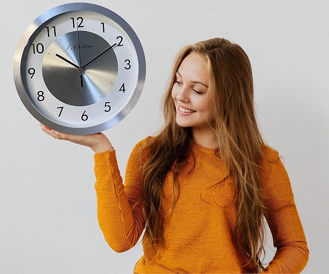 Non Ticking Silent Wall Clock Decorative,Analog Metal Wall Clock Battery Operated,Bedroom/Living Room/Office/Kitchen Clock,Sliver,12 inch
