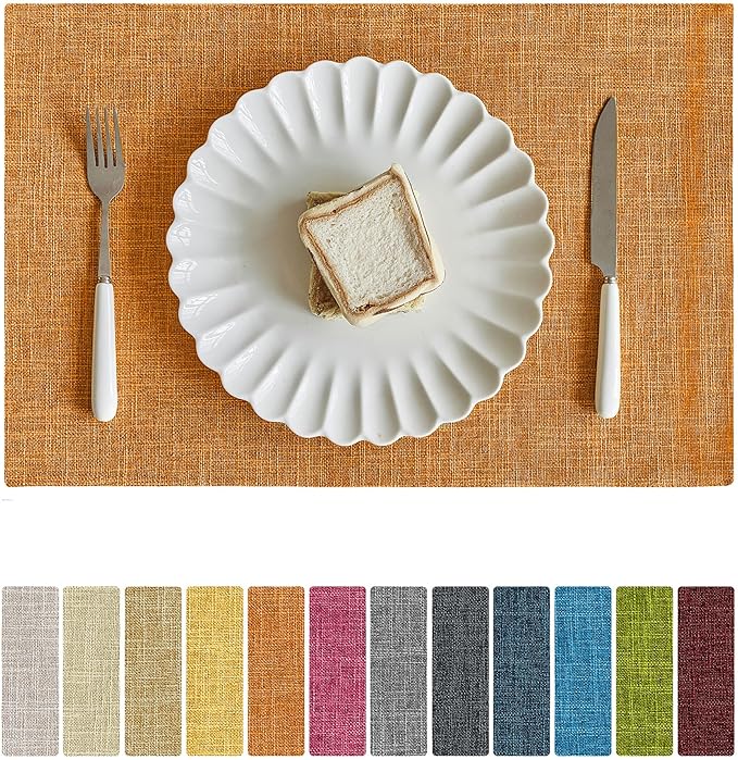 Softalker Faux Linen Placemats Set of 8-12 x 18 Inch, Heat Resistant Double Layered Durable Burlap Farmhouse Place Mats, Non-Slip Washable Rustic Table Mats for Dining, Kitchen, Party(Orange