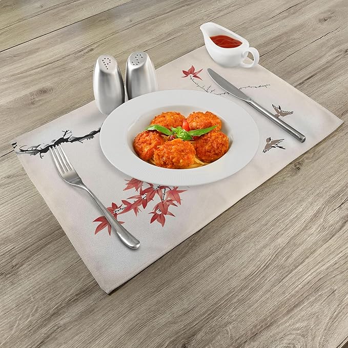 Ambesonne Japanese Place Mats Set of 8, Cherry Blossom Sakura Tree Branches Romantic Spring Themed Watercolor Picture, Washable Fabric Placemats for Dining Table, Placemat 8 pcs, Coral Black