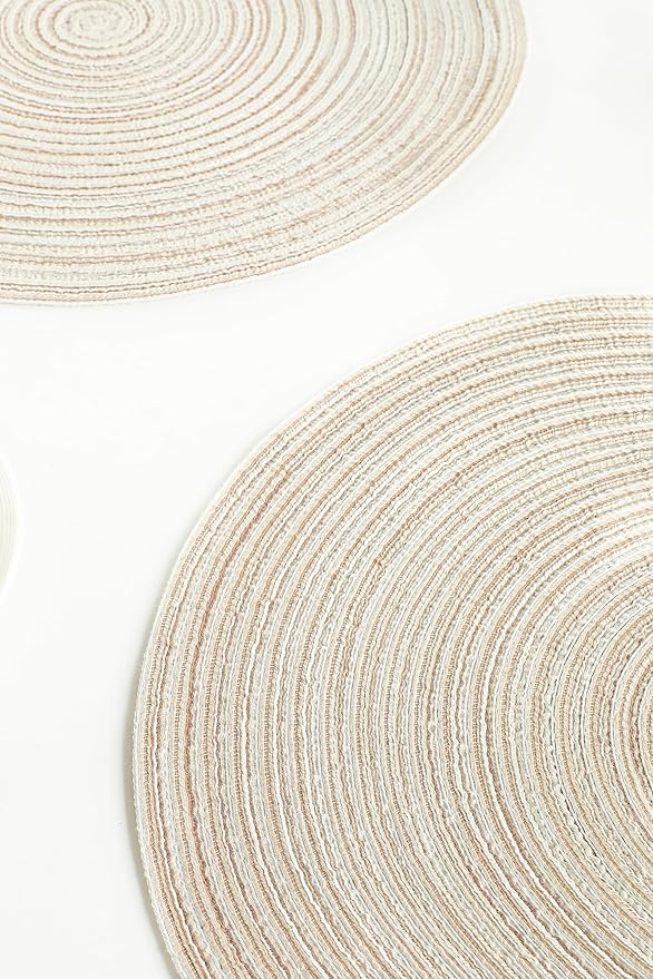 Floroom 15 Inch Round Braided Placemats Set of 4, Washable Heat Resistant Cotton Polyester Circle Place Mats for Kitchen Dining Table - Ivory
