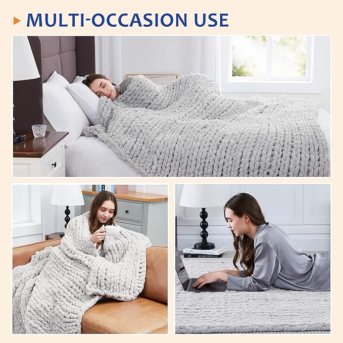 L'AGRATY Chunky Knit Blanket Throw - Soft Chenille Yarn Throw Blanket 40x50: Handmade Thick Cable Knit Crochet Blanke - Large Knit Blanket Chunky Rope Knot Throw Blanket for Couch Sofa Bed Home Decor