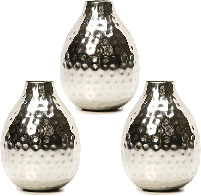 Hosley Set of 3 Metal Bud Vases - Your Choice of Colors. 4.5 Inch High. Ideal Accent Piece for Coffee and Side Tables as Well as Dried Floral Arrangements (1-Silver Finish)