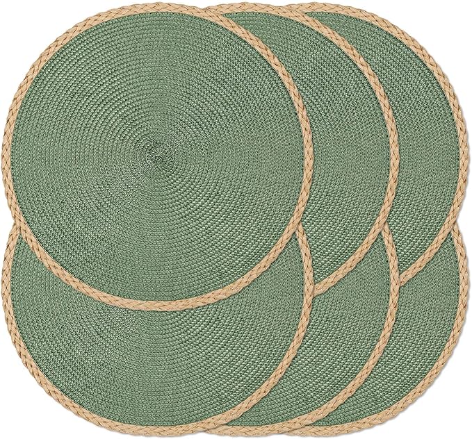 Noctiflorous Round Braided Placemats Set of 6 Table Mats 15 Inches Washable Heat Resistant for Dining Table Non-Slip Indoor Outdoor Place Mats for Thanksgiving Christmas Easter(Green Thin Edge 6)