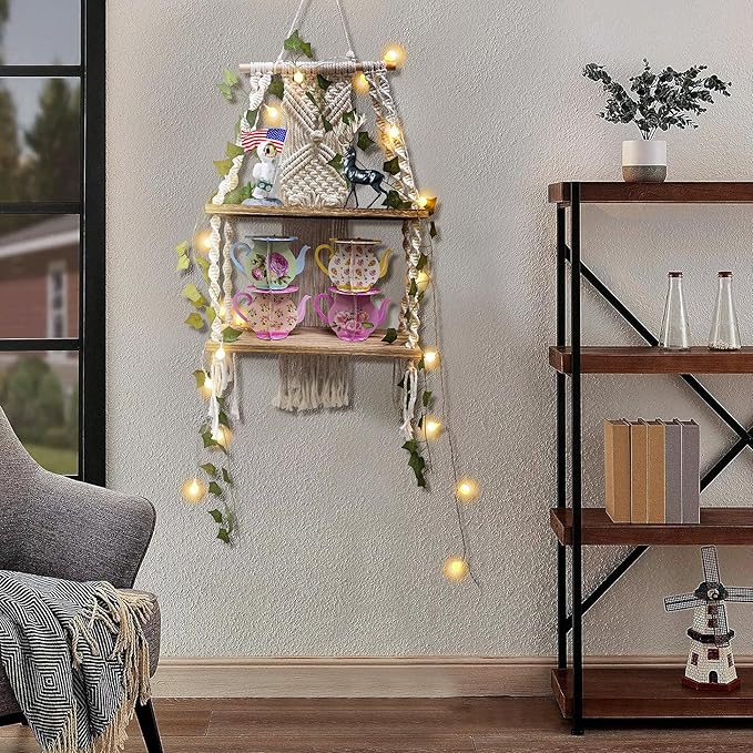 2 Tier Handmade Macrame Shelf, Boho Hanging Shelves, Macrame Wall Hanging Shelf with LED Light and Green Vine, Home Storage Cottage Core Bedroom Decor