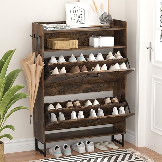 Shoe Cabinet with 2 Flip Drawers, Freestanding Hidden Shoe Storage Organizer for Entryway, Narrow Slim Shoe Rack Cabinet with Open Storage & Hooks for Front Door Entrance, Living Room, Hallway, Brown
