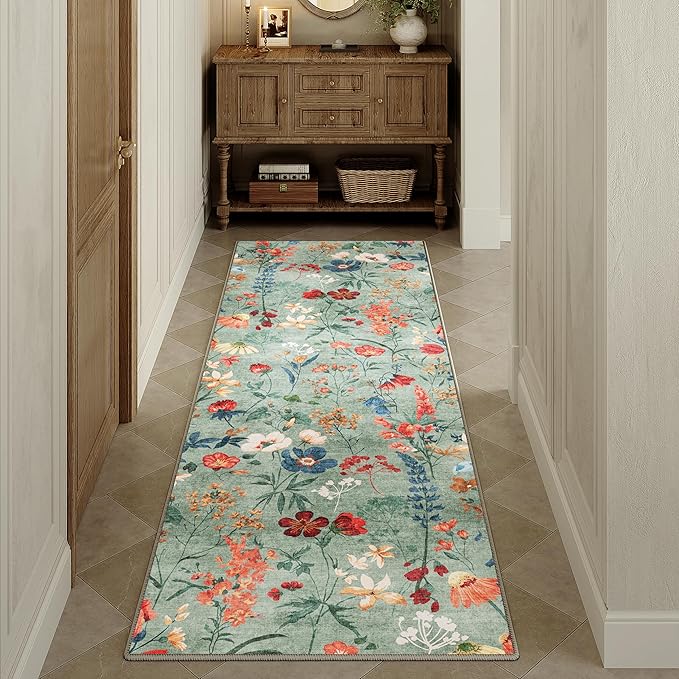 Floral Runner Rug 2x6 Washable Hallway Long Green Bedroom Carpet Non Slip Indoor Boho Kitchen Low Pile Accent Rug Lightweight Soft for Bathroom Dining Laundry Living Room