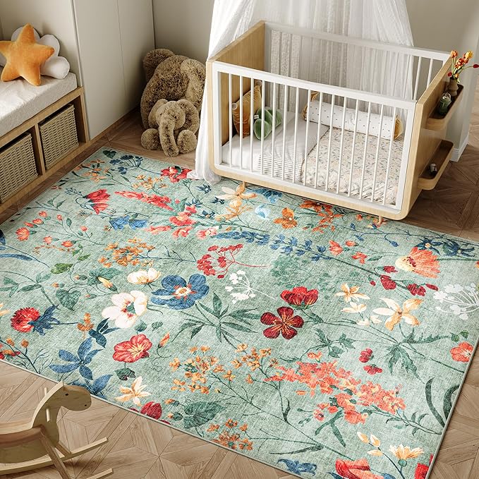 Green Area Rug 4x6 Office Floral Indoor Door Mat Washable Boho Kitchen Living Room Carpet Non Slip Bedroom Low Pile Lightweight Throw Rug for Dining Room Farmhouse