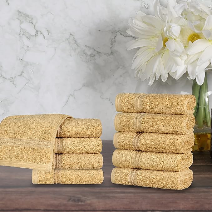 Superior Egyptian Cotton 10-Piece Face Towel Set , Small Towels For Facial, Spa, Quick Dry, Absorbent Towels, Bathroom Accessories, Guest Bath, Home Essentials, Washcloth, Airbnb, Gold