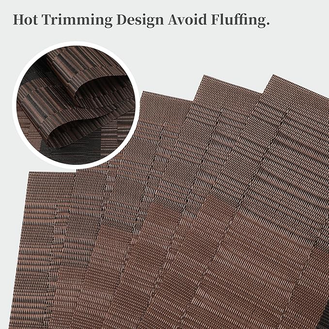Leetaltree Brown with Black Striped Placemats Set of 6 - Heat Resistant Non-Slip Place mats for Dining Table, Washable Durable PVC Vinyl Woven Table Mats(Brown Stripe, 6)