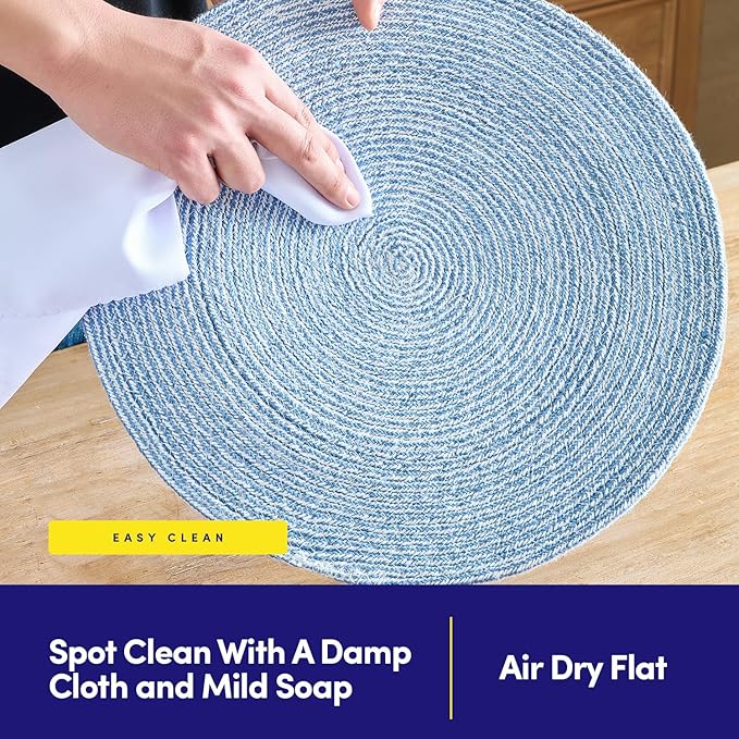 Round Placemats Set of 4-100% Cotton Two-Tone Placemat for Dining Table - Woven Braided Table Setting Place Mat - Washable Table Decor for Kitchen, Farmhouse, Rustic, Everyday Use, Dark Blue