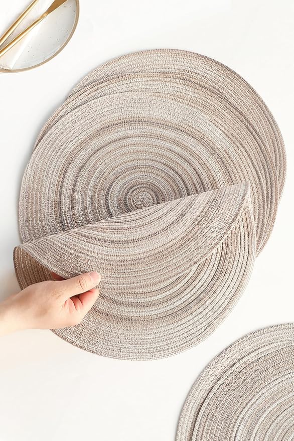 Floroom 15 Inch Round Braided Placemats Set of 4, Washable Heat Resistant Cotton Polyester Circle Place Mats for Kitchen Dining Table - Rainbow Gray