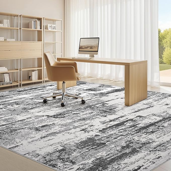 Area Rugs for Living Room: 6x9 Abstract Washable Rug Modern Neutral Large Soft Stain Resistant Non-Slip Backing Machine Table for Bedroom Dining Room Indoor Home Office Carpet - Black Grey