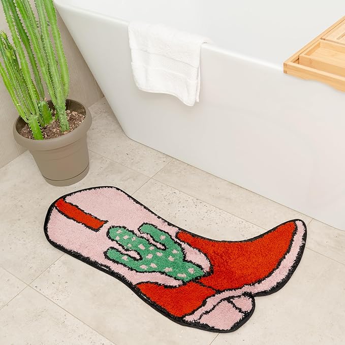 Cowboy Boot Bath Mat - Western Boot Shaped Rug with Pink, Rust, and Green Cactus Design - Water Absorbent (Boot Bath Mat 2 Pack)