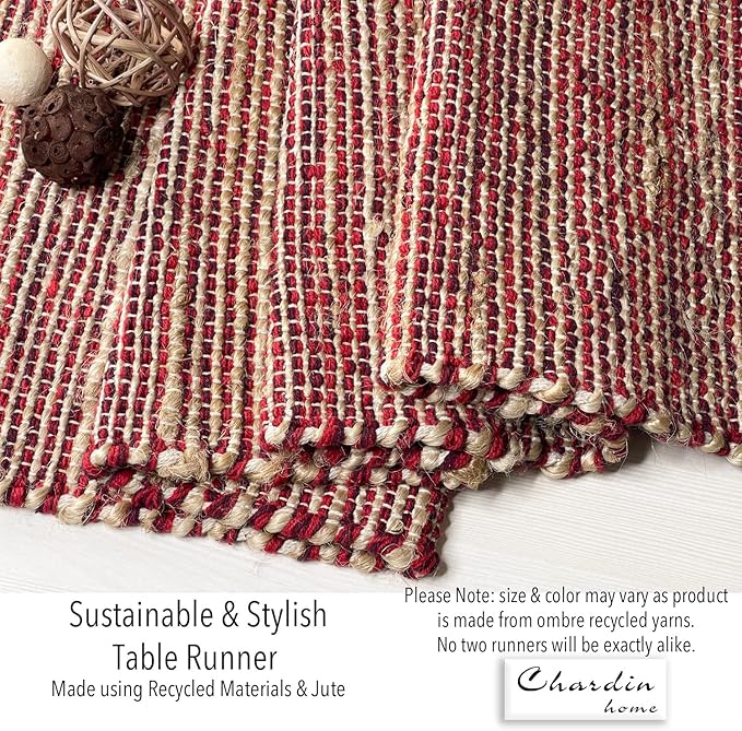 Chardin home Natural Jute Table Runner 13x36 Inch – Vintage Boho Rustic Table Decor – Handwoven Jute Table Runner in Natural and Red Charcoal – Farmhouse Dining or Console Table Accent
