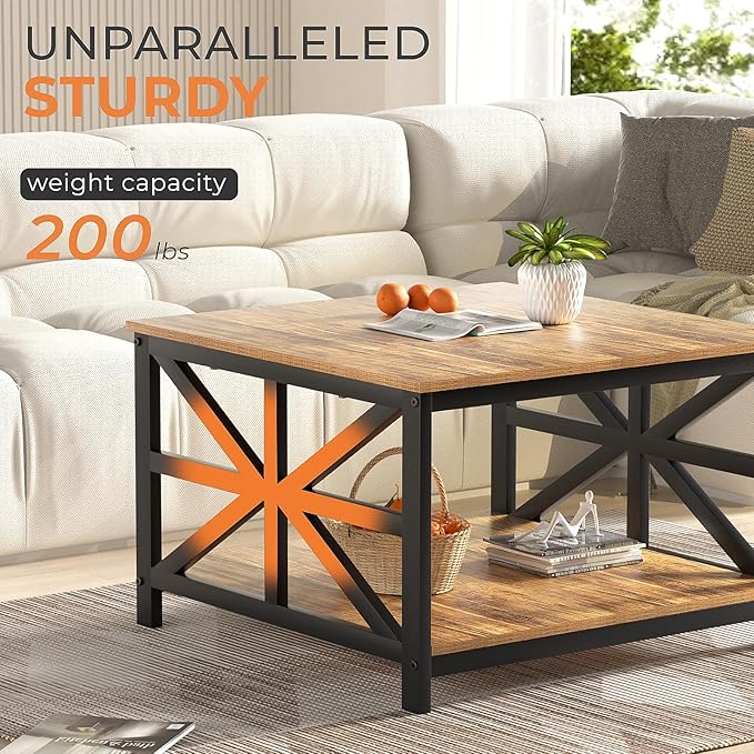 GreenForest Coffee Table with Storage for Living Room, Small Square Center Tables with Seamless One-Piece Tabletop Farmhouse Style, Walnut