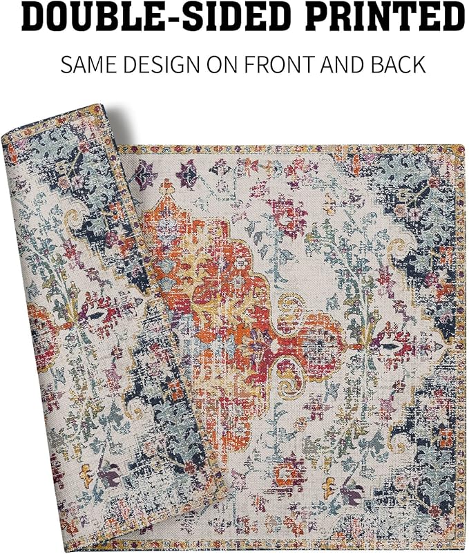 Boho Carpet Placemats Set of 4 Vintage Orange Blue Ethnic Bohemian Floral Carpet Linen Washable Kitchen Dining Table Mats Stain Heat-Resistant Desktop Decor Place Mats for Home Party Indoor 12x18 in