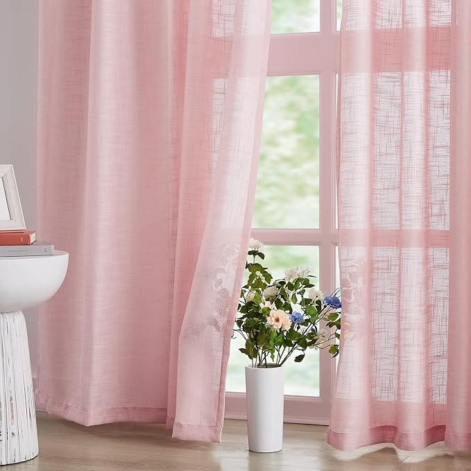 FMFUNCTEX Pink Sliding Door Curtains 84" Living Room Linen Semi Sheer Curtains 100" Width Extra Wide Room Divider Bedroom Drapes Linen Textured Semi Sheer Window Panels Blush Pink Rod Pocket 1 Panel