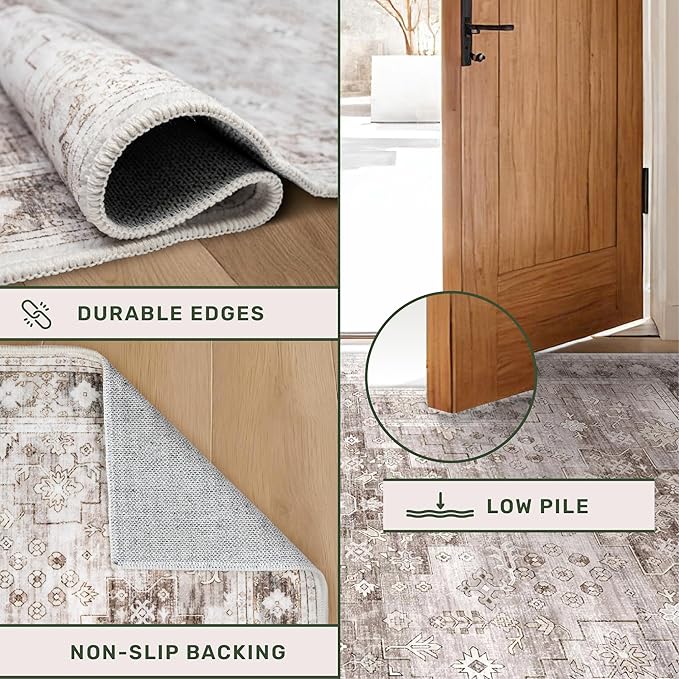 Boho Bathroom Rugs - Washable Non-Slip Soft Low Pile Area Rug for Entryway, Kitchen, and Indoor Spaces - Modern Farmhouse Design, Perfect for Boho Décor (2x3 Beige/Latte)