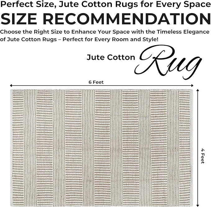 Bedding Craft Jute Cotton Stripe Area Rug for Living Room 48x72 Inch - Natural Ivory - Machine Washable 4x6 Feet Rugs - 70% Jute and 30% Cotton