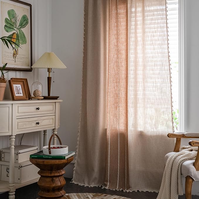 Sutuo Home Boho Curtains 72 inch for Kitchen Nursery Room, Semi Blackout Linen Farmhouse Tassels Window Treatment Vintage Bohemian Embroidery Drape, Rod Pocket 1 Panel 52" W x 72" L, Coffee Linen