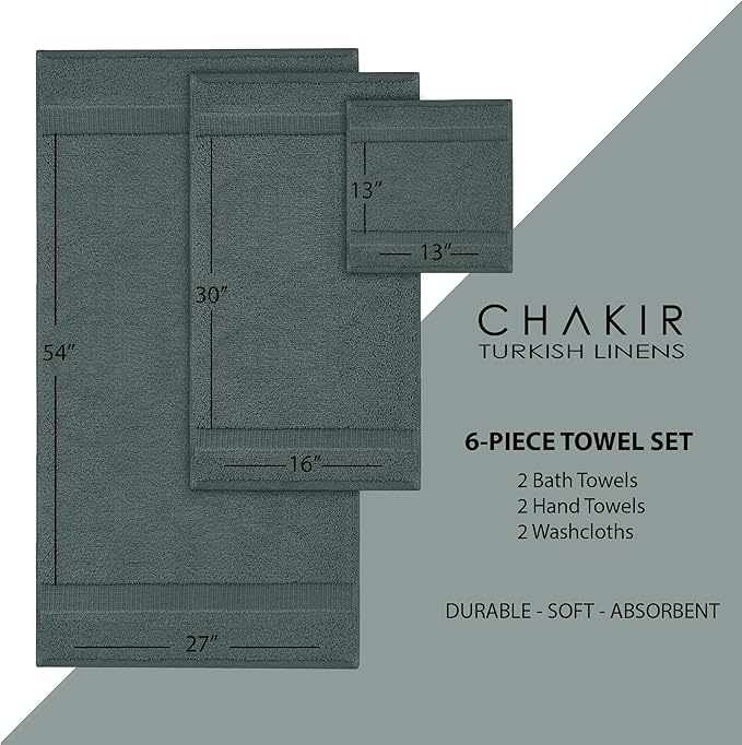 Chakir Turkish Linens |Hotel & Spa Quality 100% Cotton Premium Turkish Towels | Soft & Absorbent (Dark Gray, 6-Piece Towel Sets)
