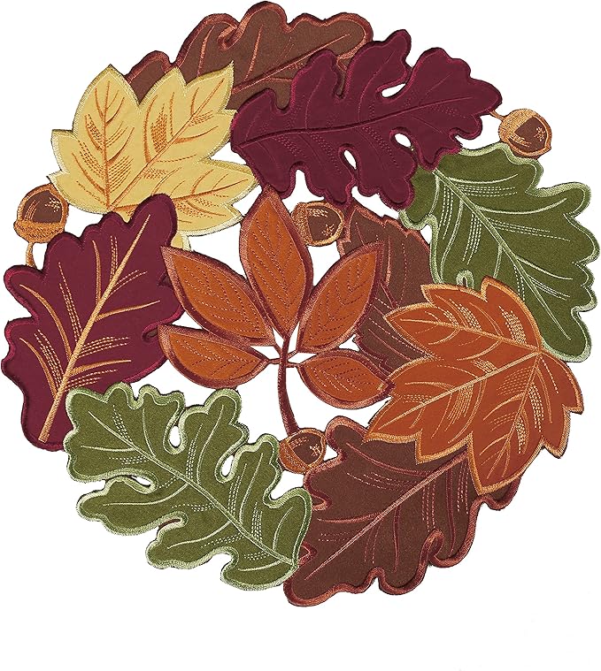 OWENIE Thanksgiving Table Doilies for Fall Home Decoartion, 15 Inch Round Placemats for Dining Table, Set of 4 PCS Harvest Maple Leaves Embroidered Table mats for Autumn