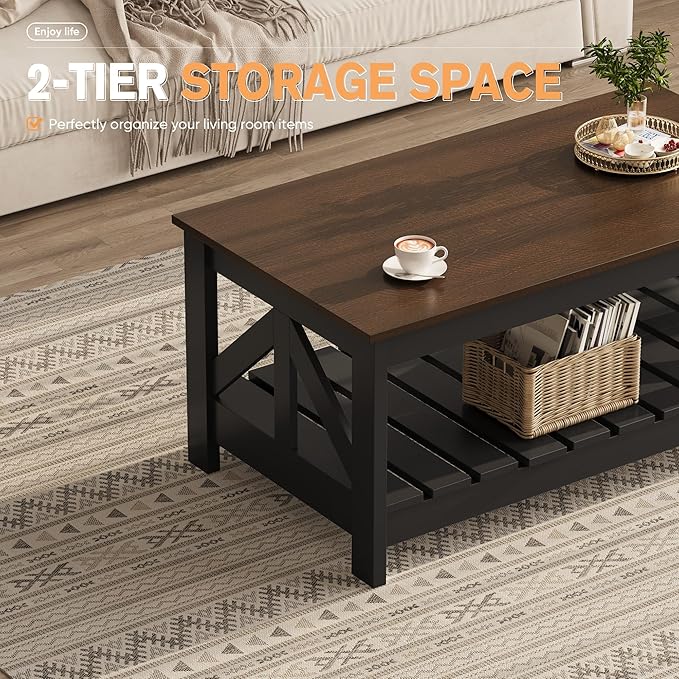 YESHOMY 39" Farmhouse Coffee Table, Coffee Tables for Living Room, Farmhouse Square Coffee Table with Storage, Couch Table, Small Tables for Small Spaces, Brown and Black