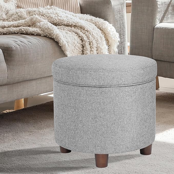 Homepop Home Decor | Upholstered Round Storage Ottoman | Ottoman with Storage for Living Room & Bedroom, Light Gray Tweed Large