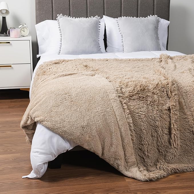 PAVILIA Taupe Tan Fluffy Throw Blanket for Couch, Fuzzy Blanket for Women Men, Furry Plush Warm Blanket Bed Sofa, Super Soft Thick Faux Fur Sherpa Blanket Throw, 50x60