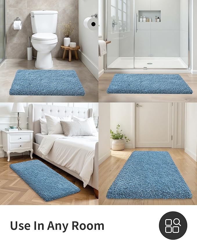ILANGO Blue Bathroom Rugs 24" × 17" Small Non Slip & Super Absorbent Extra Thick Soft, Washable Bath Mat for Floor, Microfiber Plush Shaggy Bath Rug with Rubber for Bathtub Shower Room Sink