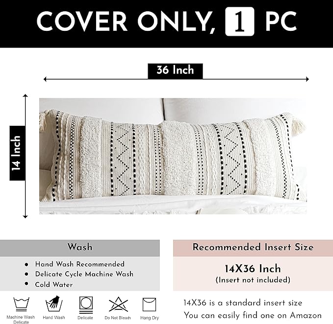 Black Neutral Decorative Lumbar Throw Pillow Cover 14x36 Boho Long Cushion for Bed Accent Farmhouse Pillowcase for Bedroom Living Room Couch Sofa Home Décor (Cover ONLY, Pack of 1)