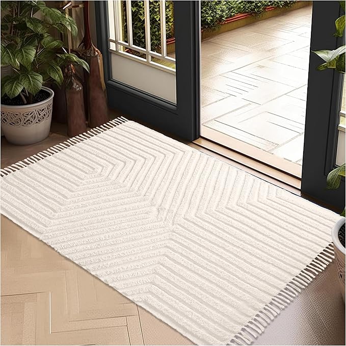 Boho Bathroom Rug 2' x 3', Washable Hand-Woven Tufted Cotton Rug with Tassels for Entryway, Foyer, Bedroom, or Kitchen - Pestal Linen