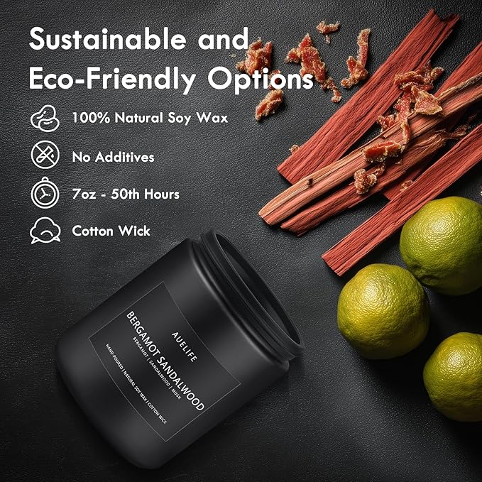 Bergamot Sandalwood Candle for Men | Masculine Scented Soy Candles for Fathers Day - Home Fragrance, Aromatherapy Gifts for Dad - 7oz Black Jar, Long-Lasting Luxury Decor