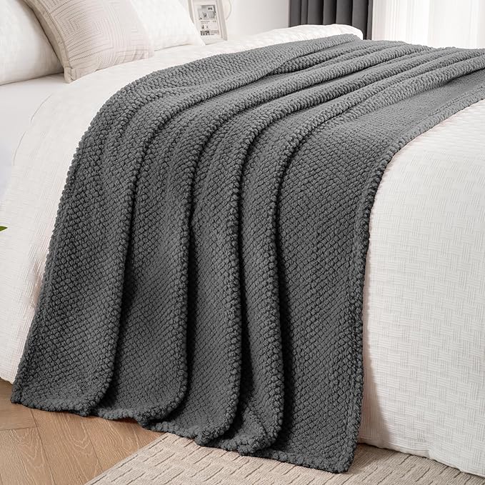 Dark Grey 300GSM Super Soft Large Queen Blanket for Couch Sofa Bed Cozy Blankets for Women Girls Cute Fleece Fluffy Blanket for Aesthetic Home Decor 90x90