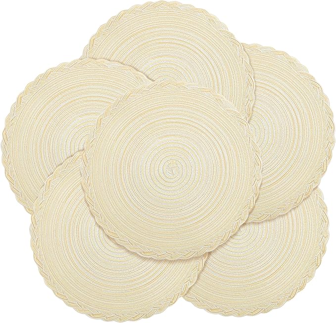 fanquare Beige Round Braided Placemats with Woven Lace Edge, 15 Inch Farmhouse Style Placemat for Table Decor, Heat Resistant Durable Table Mats