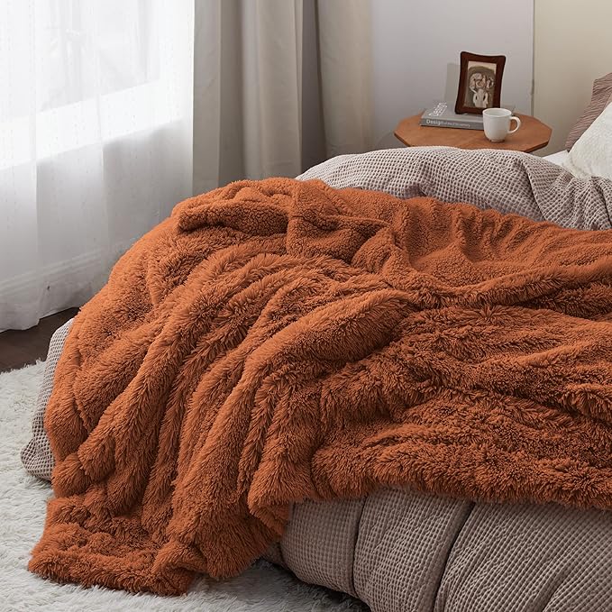 Bedsure Fluffy Burnt Orange King Size Blanket for Bed, Thick Soft Sherpa Faux Fur Fleece Bedding Fuzzy Plush Winter Warm Heavy Oversize Big Large King Blanket, Cozy Orange Gifts for Men Women, 108x90