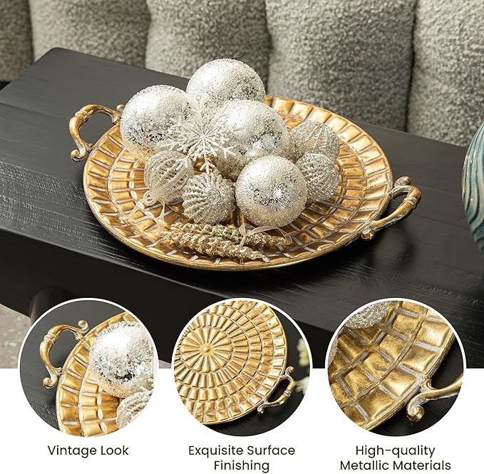 Glitzhome Set of 2 Vintage Decorative Trays with Handles, Metal Large Round Gold Embossed Jewelry Decorative Trays, Bathroom Dresser Vanity Trays