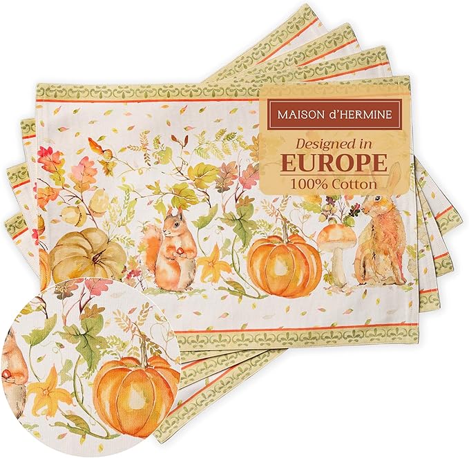 Maison d' Hermine Placemats Set of 4 100% Cotton Washable Cloth Place Mats, Reusable Table Mats for Kitchen Dining Decoration, Party, Wedding, Restaurant (Pumpkin Passion, 13" x 19")