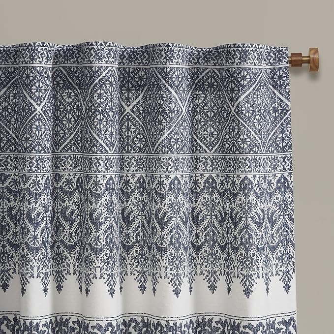 INK+IVY Mila 100% Cotton Single Panel Curtain Tufted Chenile Boho Design Rod Pocket Top Drape for Living Room, Privacy Window Treatment for Bedroom, 50" x 84", Navy/White