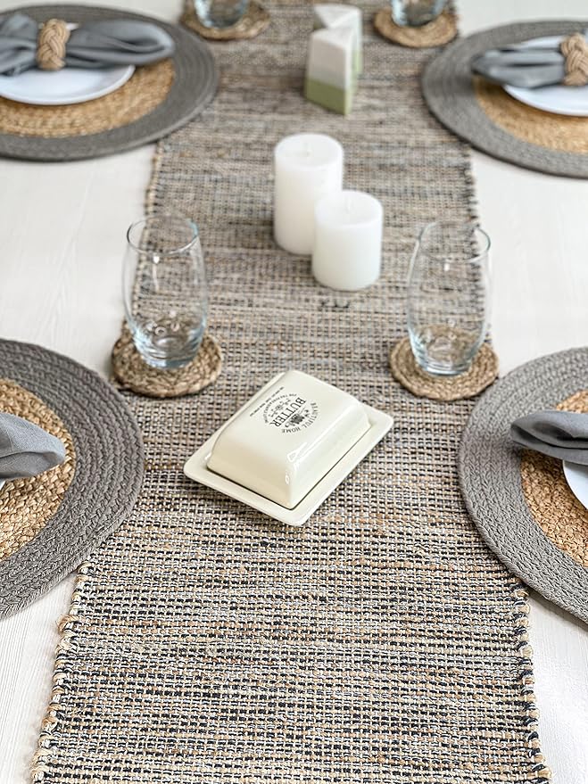 Chardin home Natural Jute Table Runner - 13x72 Inch. Rustic Farmhouse Runner in Natural Jute and Grays