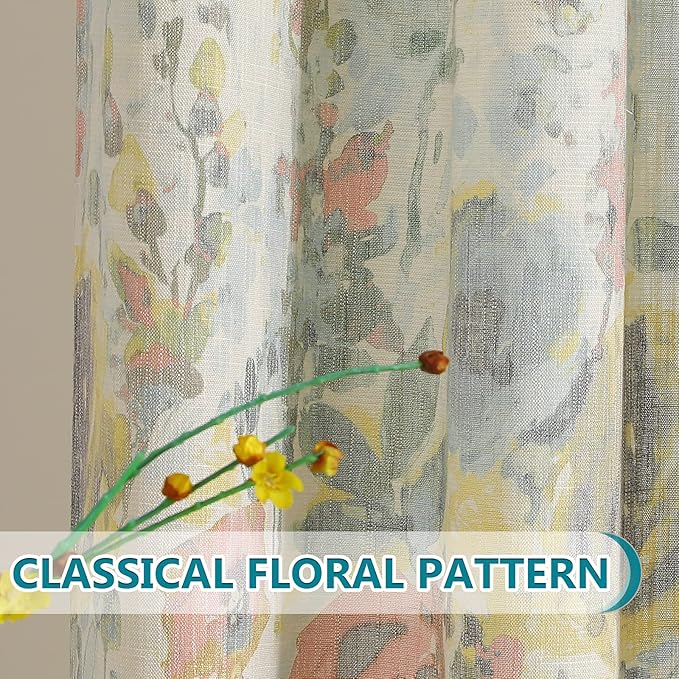 Cotton Curtains 95 Inch for Bedroom Burlap Effect Linen Curtain Draperies for Living Room Vintage Printed Pattern Drapes with Grommet Top Window Drapes,2 Panel, 52 x 95 Inch, Yellow and Natural