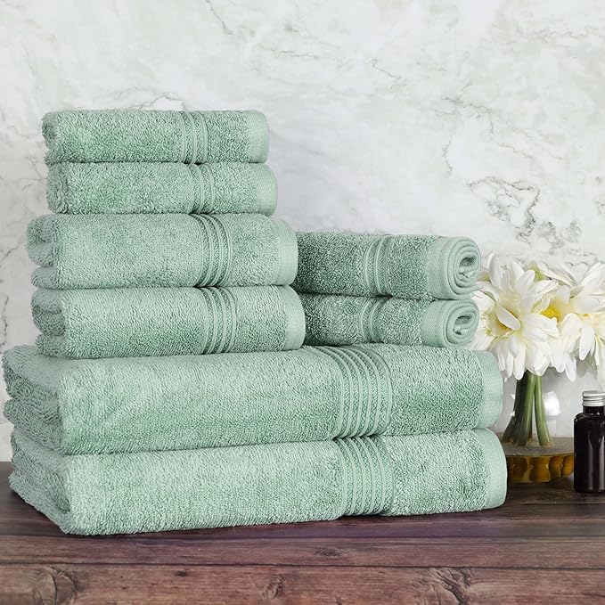 Superior Egyptian Cotton 8-Piece Towel Set, Assorted Towels for Home Bathroom, Guest Bath Decor Essentials, Includes 2 Bath, 4 Hand, 2 Face Towels/Washcloths, Quick Dry, Absorbent, Sage